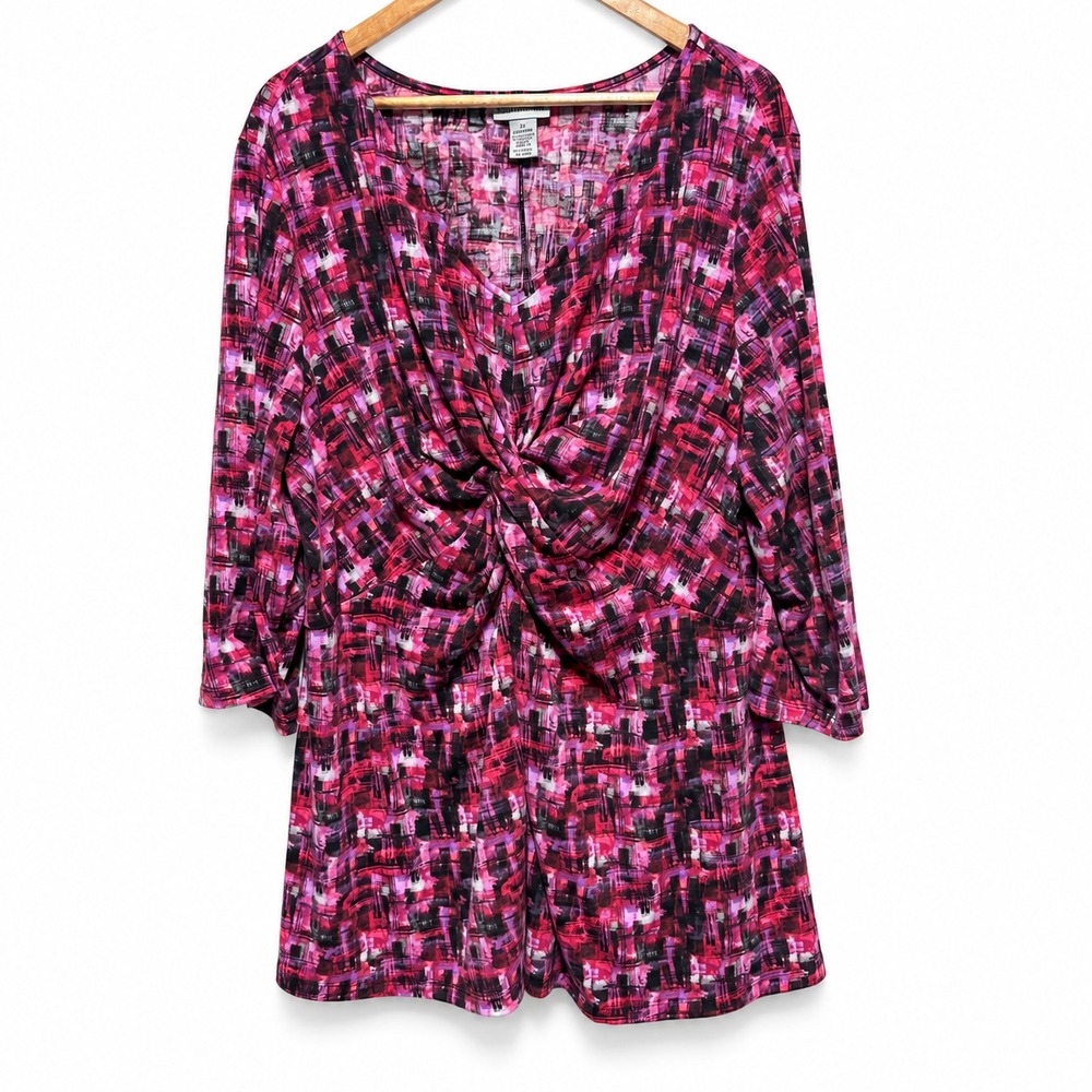 Catherines Tunic Womens 2X Pink Abstract Watercolor 3/4 Sleeve Gathered Front